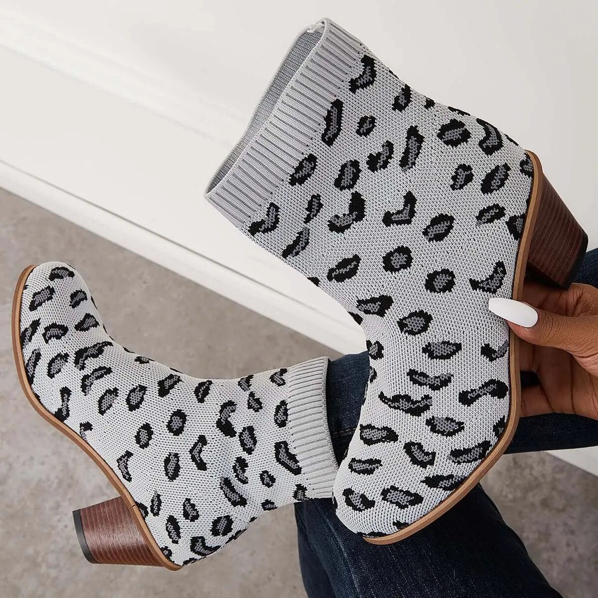 Chunky Convenient Limited access Ankle Sock Block Knitted Booties Boots Stretch Heel