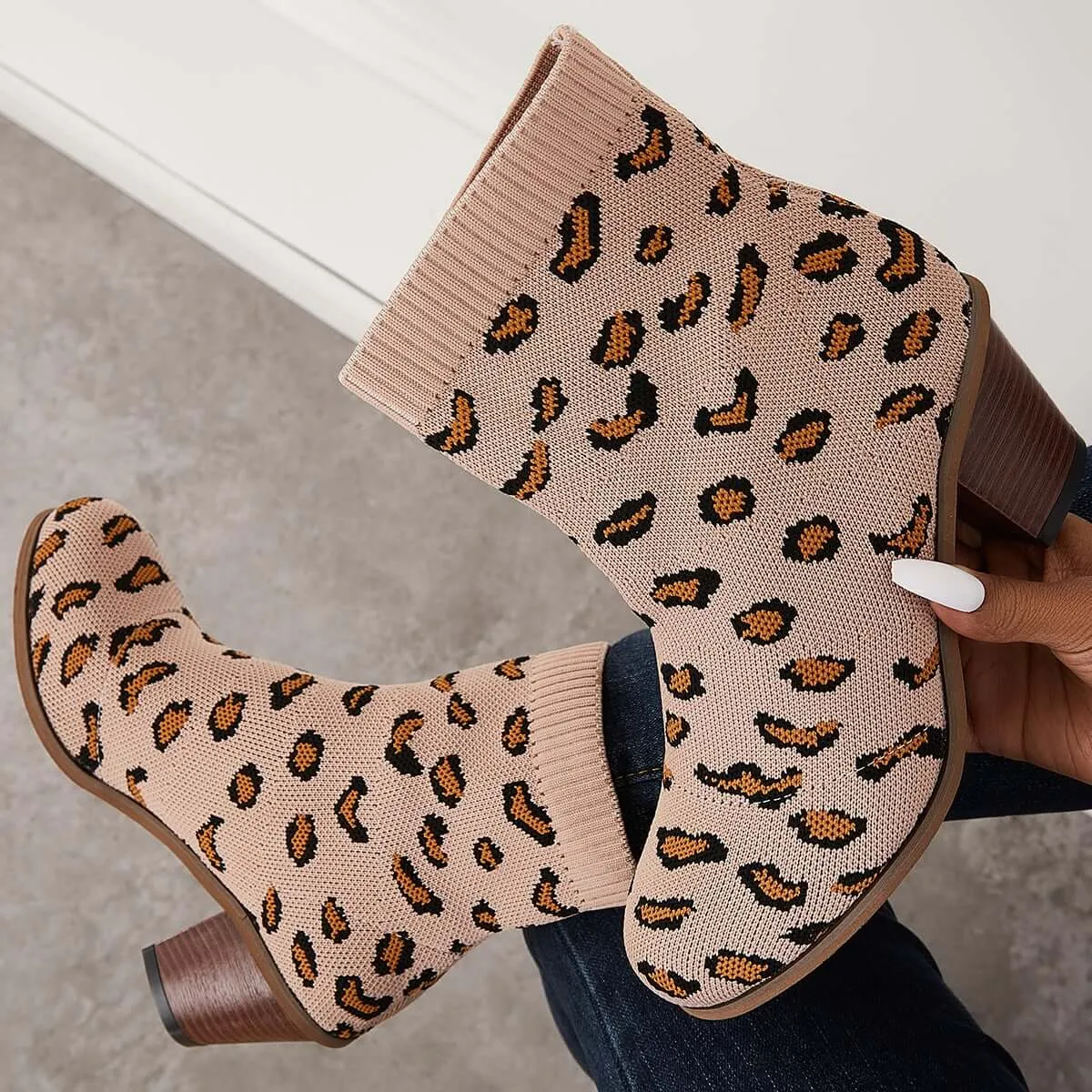 Chunky Convenient Limited access Ankle Sock Block Knitted Booties Boots Stretch Heel