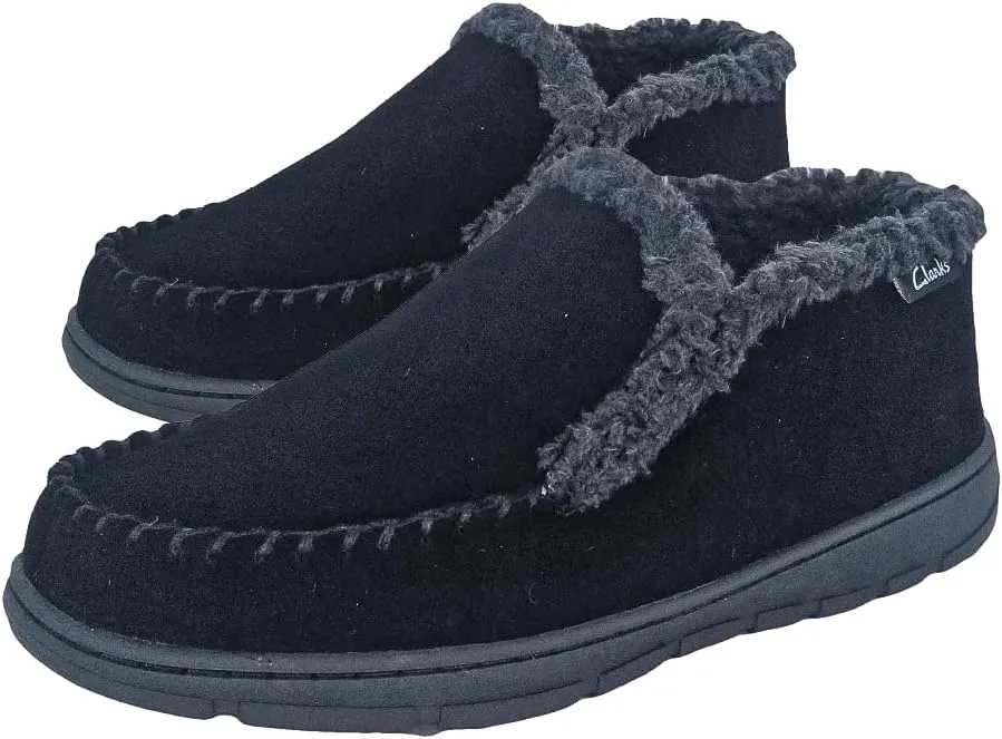 Clarks Men's Suede Leather Sherpa Lined Ankle Bootie Slippers, JMH1952- Indoor/Outdoor Slip-Ons - Comfy & Durable Ankle Boots with Plush Lining Padded Insole & Gripped Rubber Outsoles (8 M US, Black)