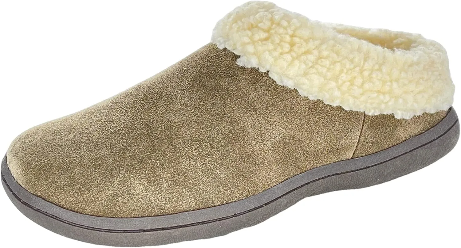 Clarks Womens Slipper Suede Leather With Faux Sherpa Collar JMH1894 - Plush Memory Foam Footbed - Indoor Outdoor House Slippers For Women (7 M US, Sage)