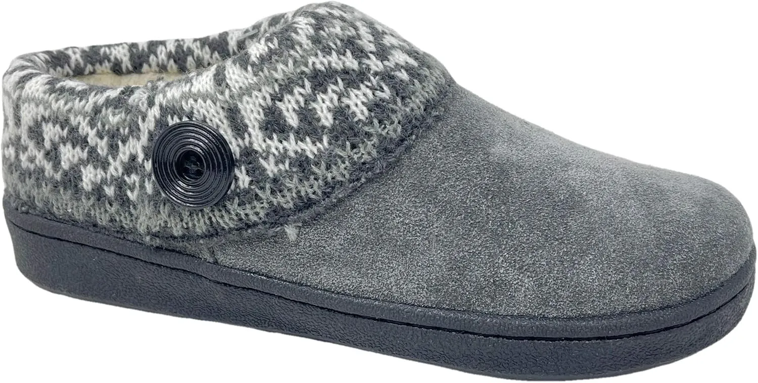 Clarks Womens Suede Leather Comfort Clog Knitted Collar Slipper - Plush Faux Fur Trim - Indoor Outdoor House Slippers For Women (6 M US, Grey/Grey Multi)