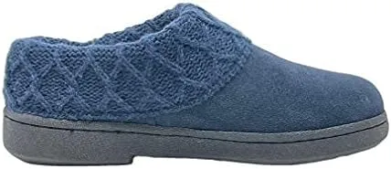 Clarks Womens Suede Leather Comfort Clog Knitted Collar Slipper - Plush Faux Fur Trim - Indoor Outdoor House Slippers for Women