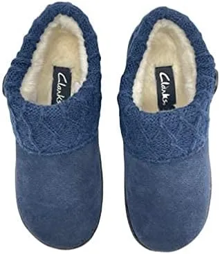 Clarks Womens Suede Leather Comfort Clog Knitted Collar Slipper - Plush Faux Fur Trim - Indoor Outdoor House Slippers for Women
