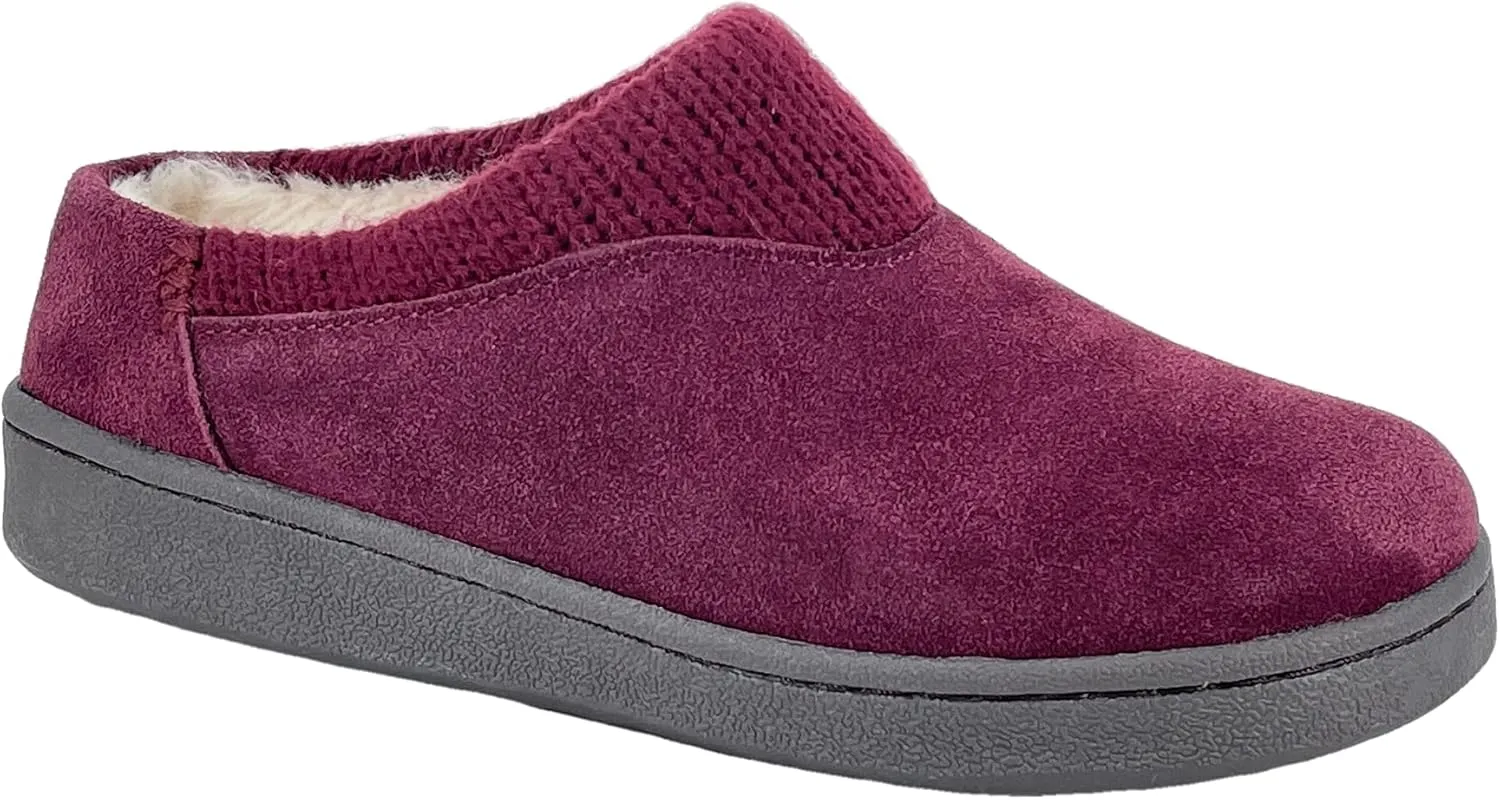 Clarks Womens Suede Slipper JMH2175 With Knit Collar - Soft Plush Faux Fur Lined - Indoor Outdoor House Slippers For Women (8 M US, Burgundy)