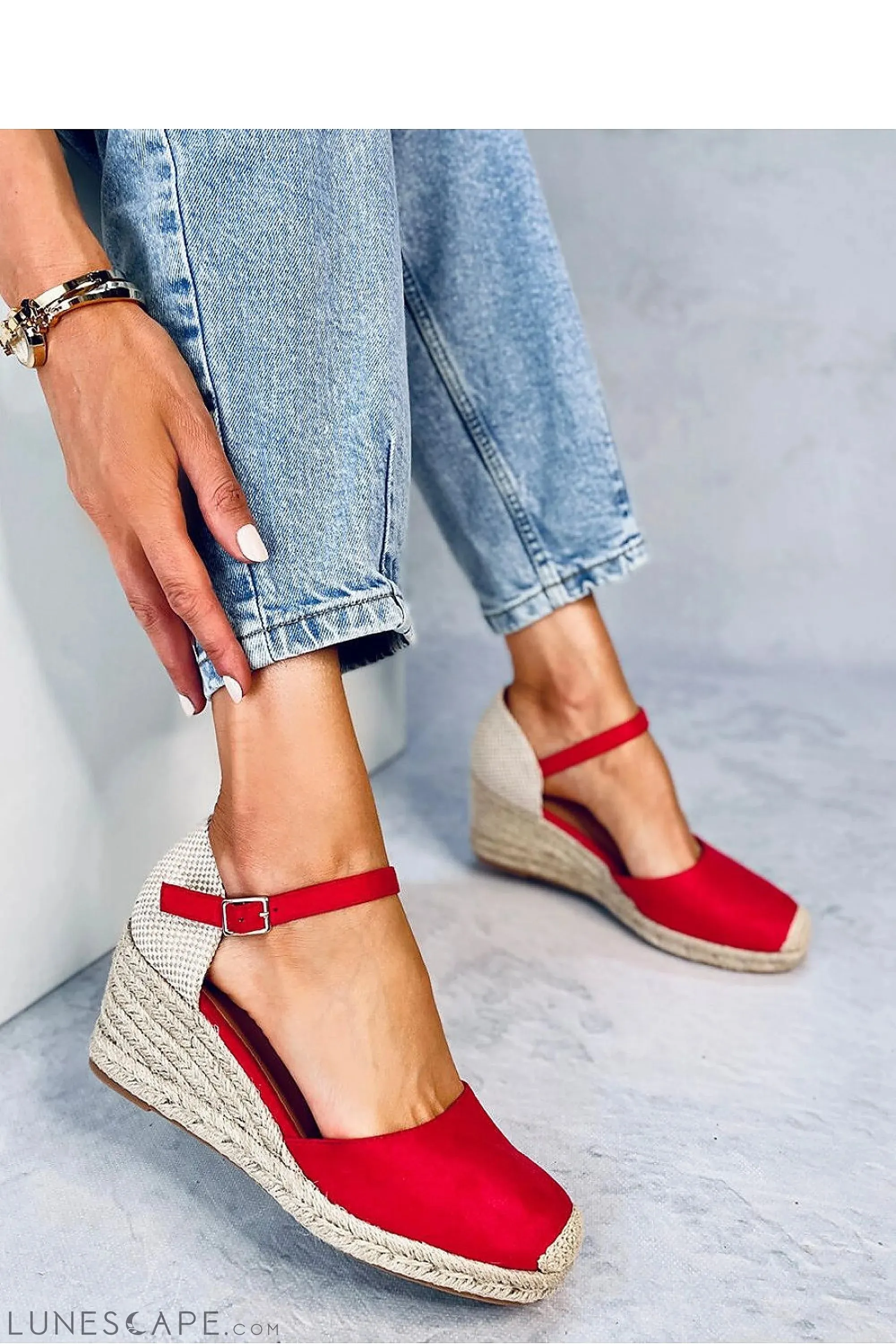 Coral Red Eco-Suede Espadrille Wedges with Ankle Strap
