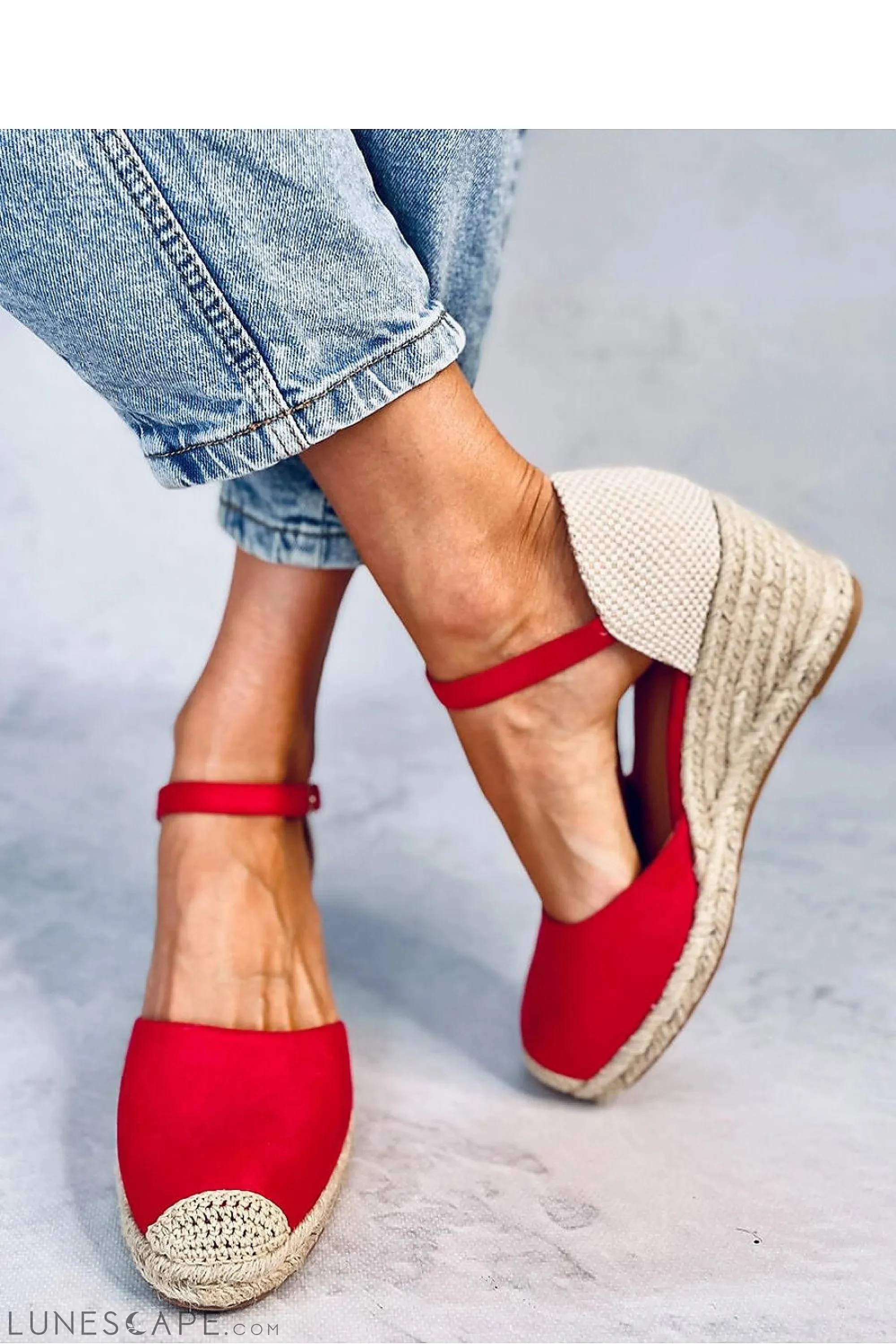 Coral Red Eco-Suede Espadrille Wedges with Ankle Strap
