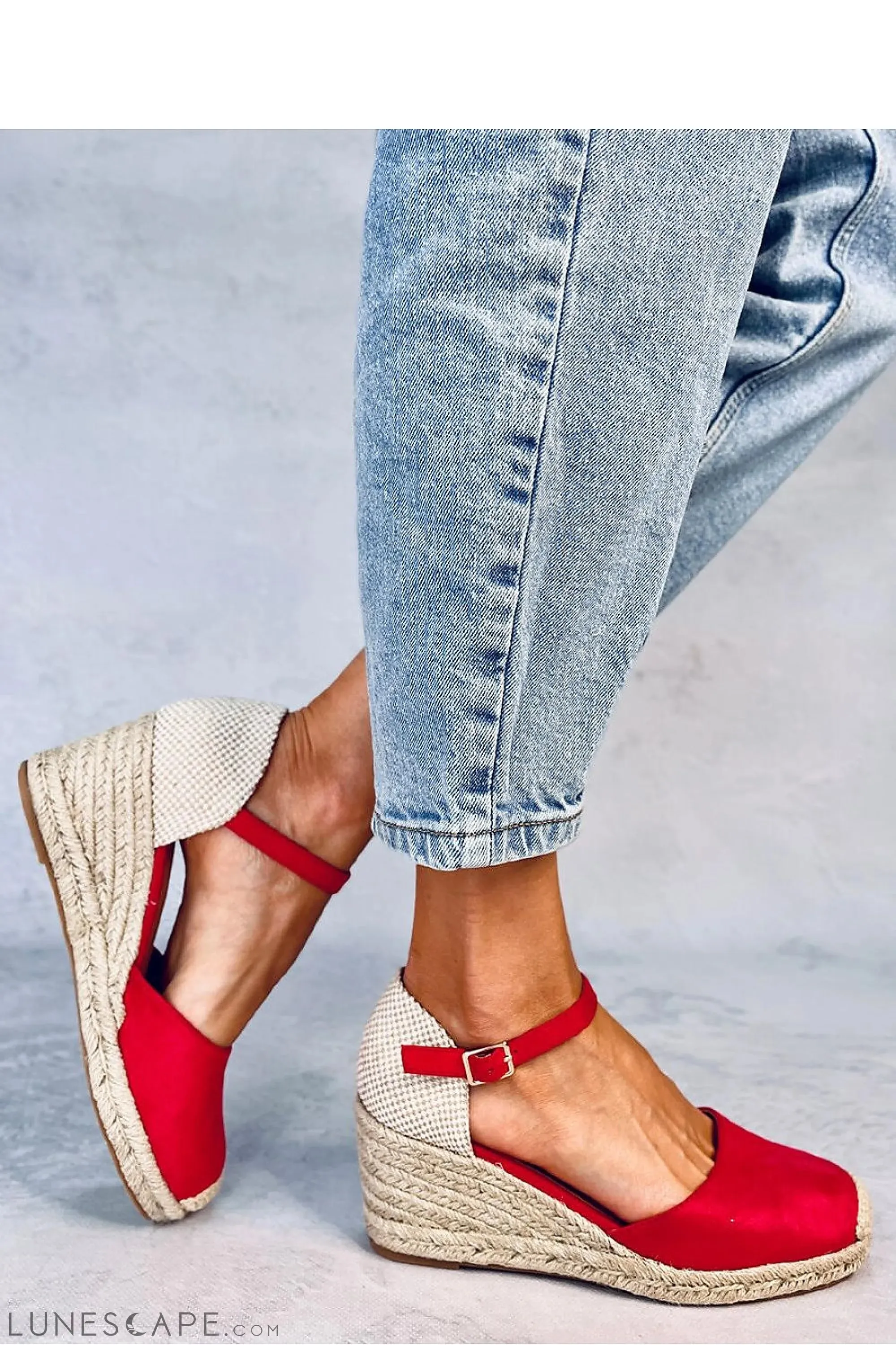Coral Red Eco-Suede Espadrille Wedges with Ankle Strap