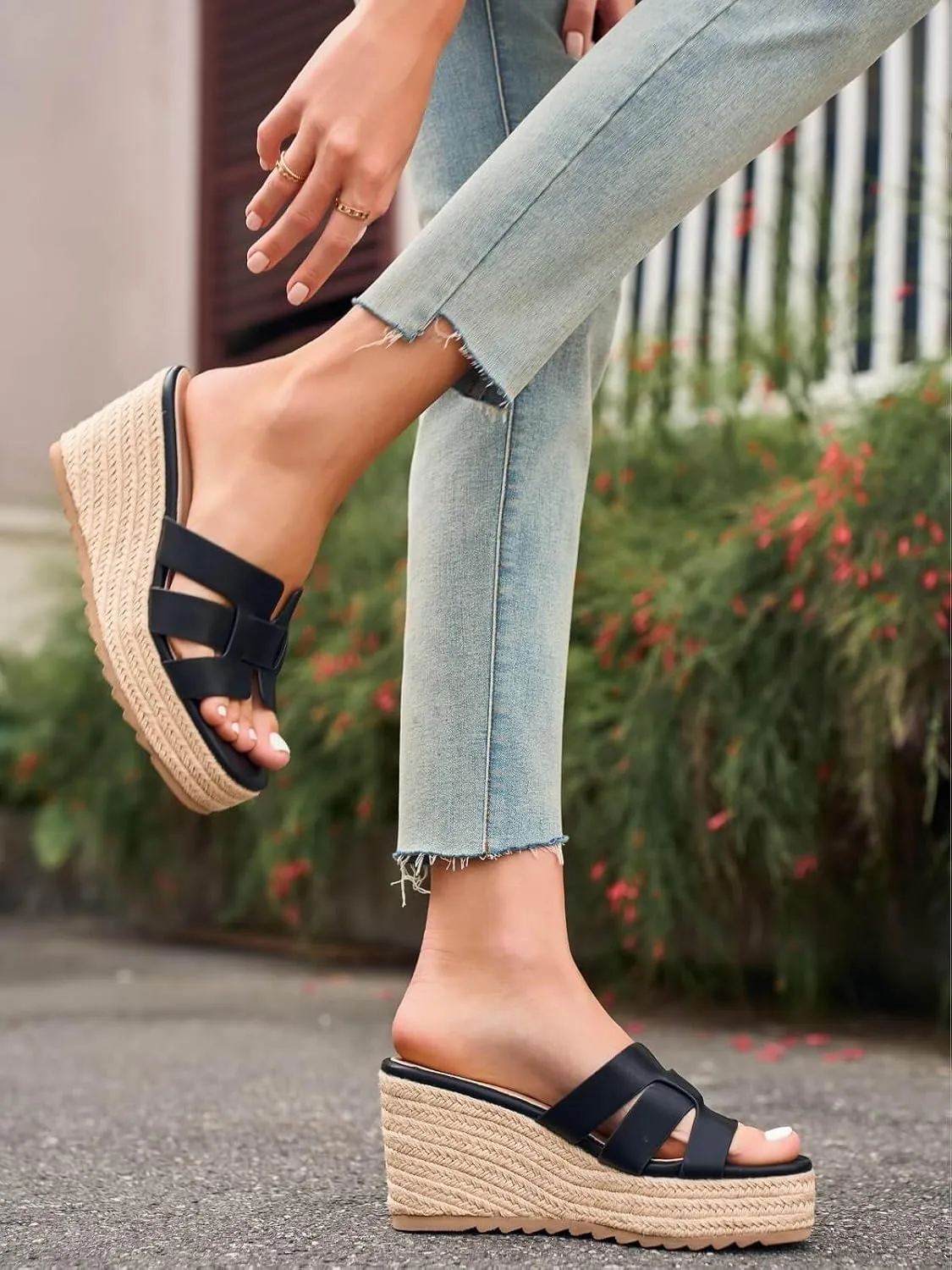 Coutgo Women's Wedge Sandals Platform Espadrille Heels Open Toe Strappy Slip On Casual Summer Slide Shoes