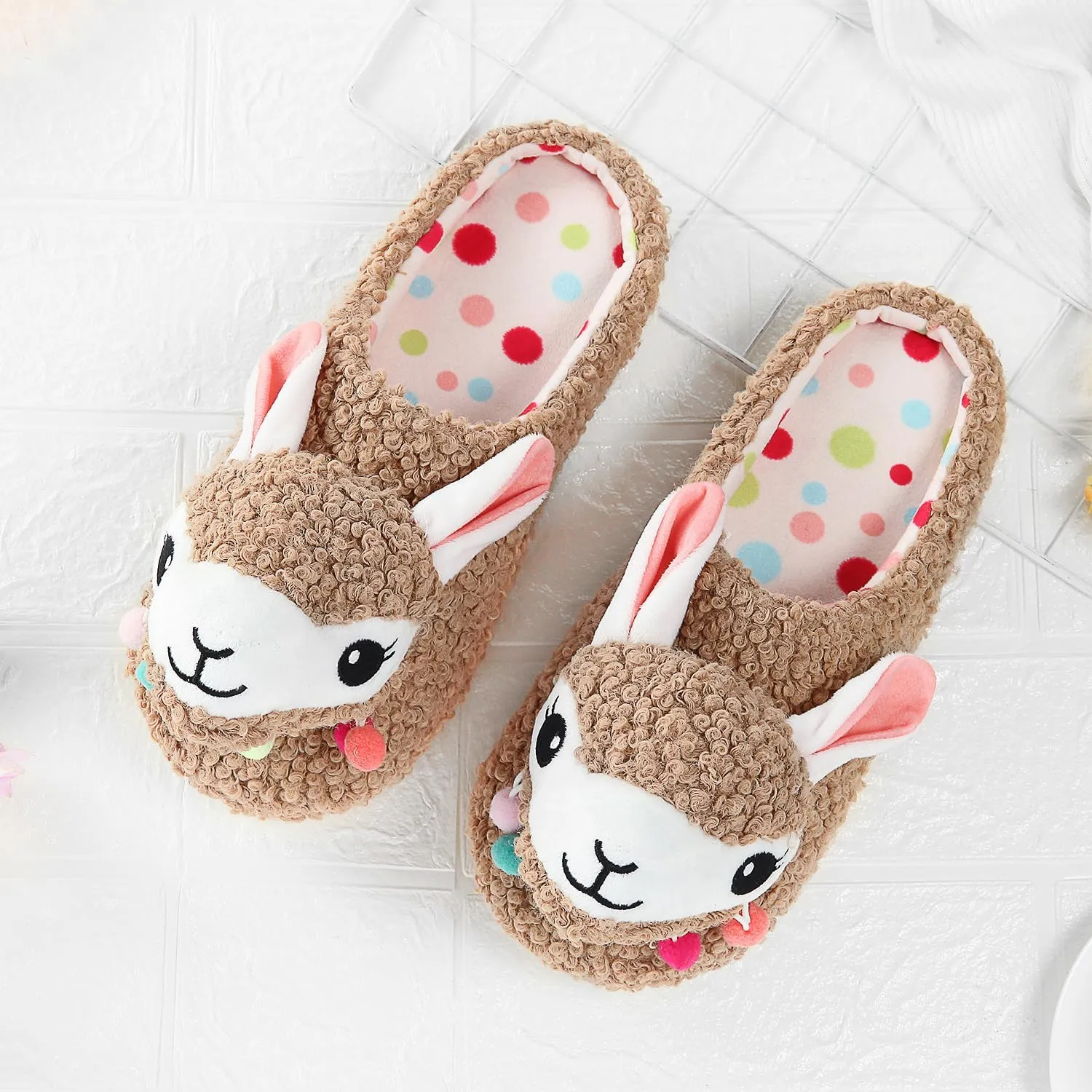 Cute Animal Slippers - Soft Fuzzy Alpaca & Llama Memory Foam for Women - Indoor Warm Non-Slip Bedroom Slippers