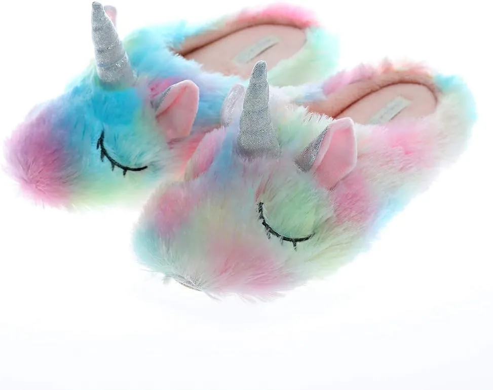 Cute Animal Unicorn Slippers | Rainbow Moose Elf Plush Home Slides | Fluffy Girls Gift Shoes