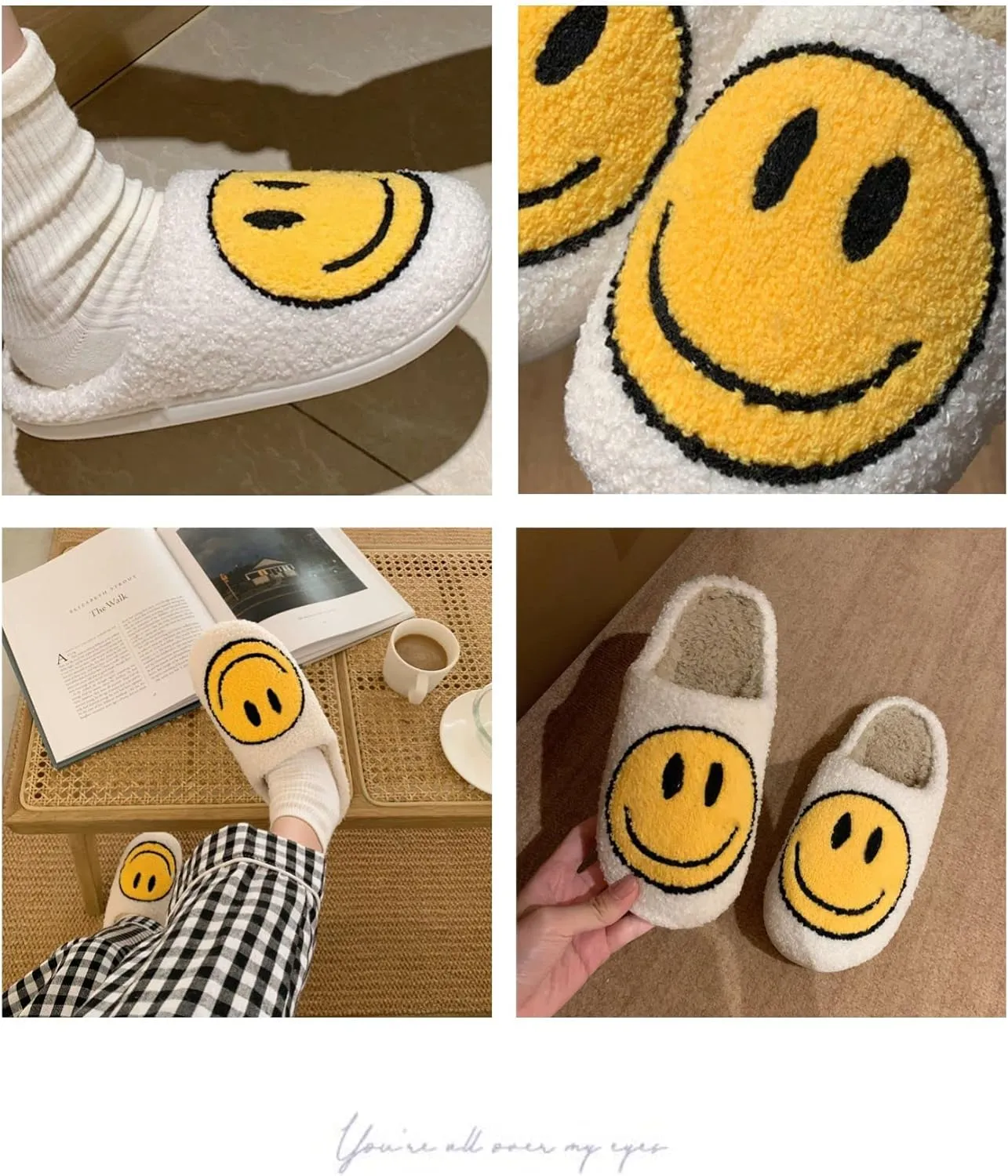 Cute Smile Face Slippers, Fuupnn Retro Soft Plush Furry Fluffy Indoor Outdoor Shoes Comfy Warm Fleece Lined Fuzzy Slip-on Cloud sliders with Memory Foam Happy Face Slippers Couples Cute Cartoon Non Slip Smile Slippers for Winter