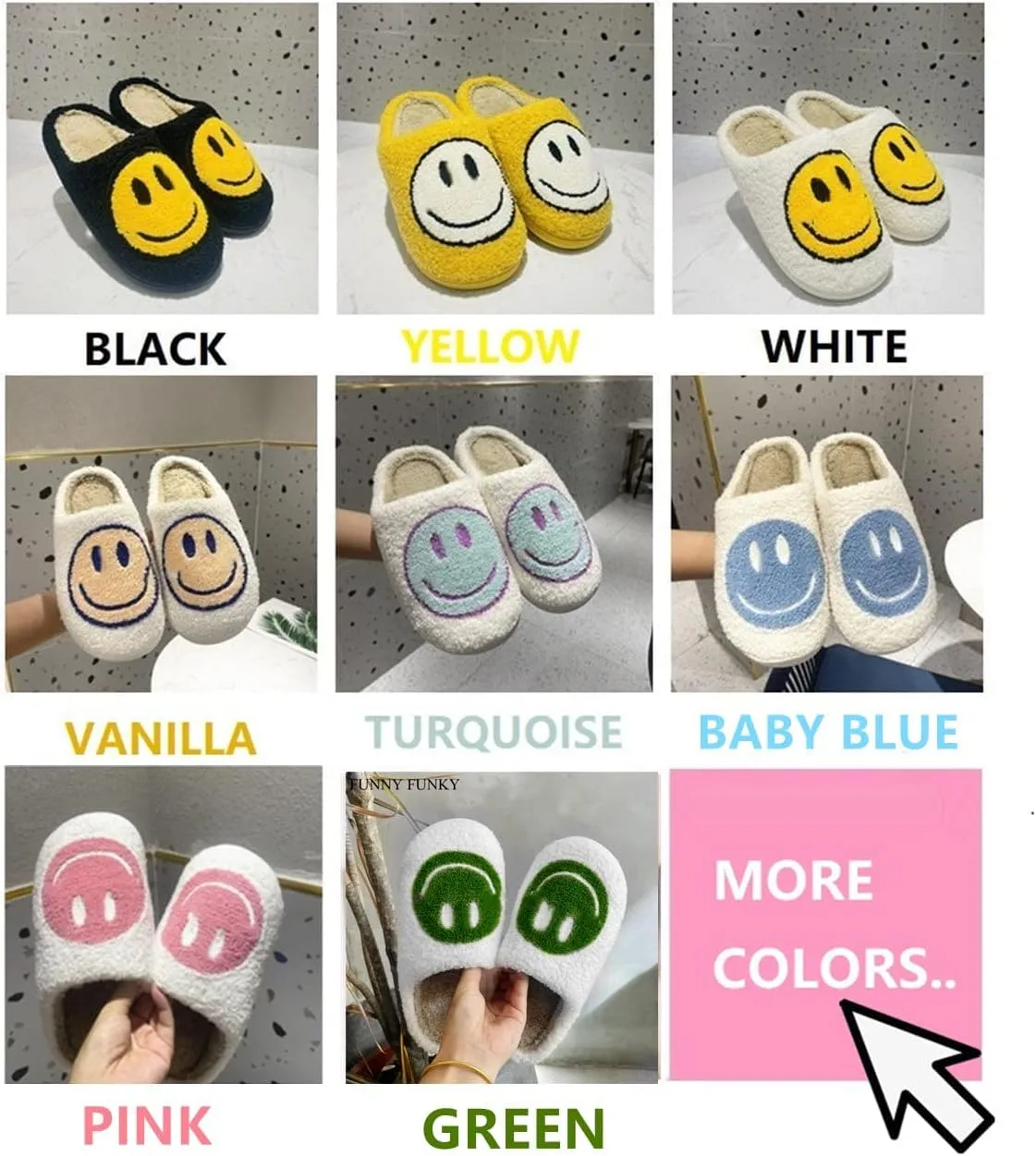 Cute Smile Face Slippers, Fuupnn Retro Soft Plush Furry Fluffy Indoor Outdoor Shoes Comfy Warm Fleece Lined Fuzzy Slip-on Cloud sliders with Memory Foam Happy Face Slippers Couples Cute Cartoon Non Slip Smile Slippers for Winter