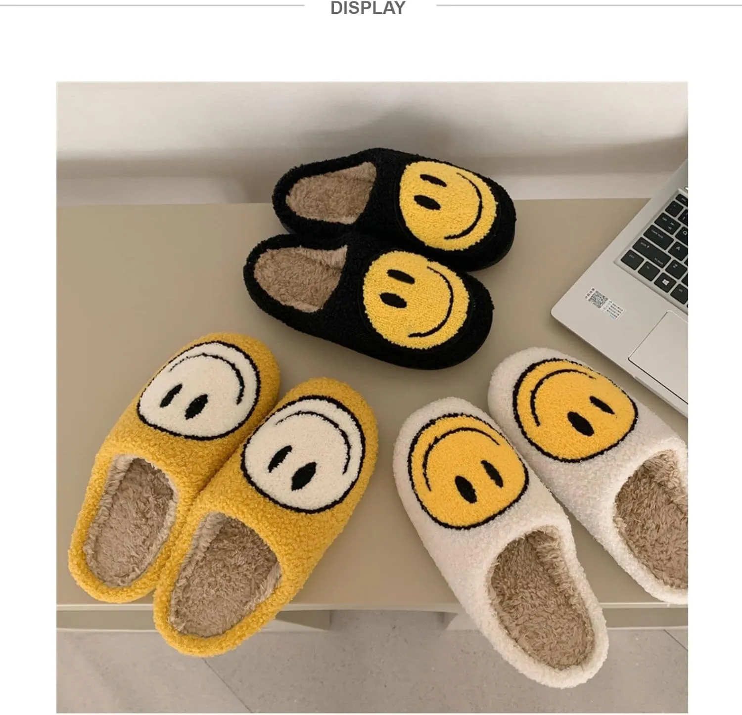 Cute Smile Face Slippers, Fuupnn Retro Soft Plush Furry Fluffy Indoor Outdoor Shoes Comfy Warm Fleece Lined Fuzzy Slip-on Cloud sliders with Memory Foam Happy Face Slippers Couples Cute Cartoon Non Slip Smile Slippers for Winter