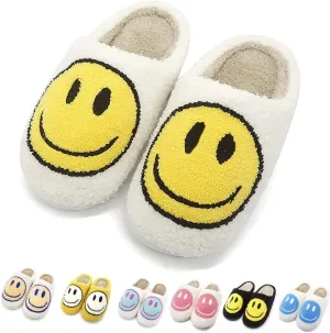 Cute Smile Face Slippers, Fuupnn Retro Soft Plush Furry Fluffy Indoor Outdoor Shoes Comfy Warm Fleece Lined Fuzzy Slip-on Cloud sliders with Memory Foam Happy Face Slippers Couples Cute Cartoon Non Slip Smile Slippers for Winter