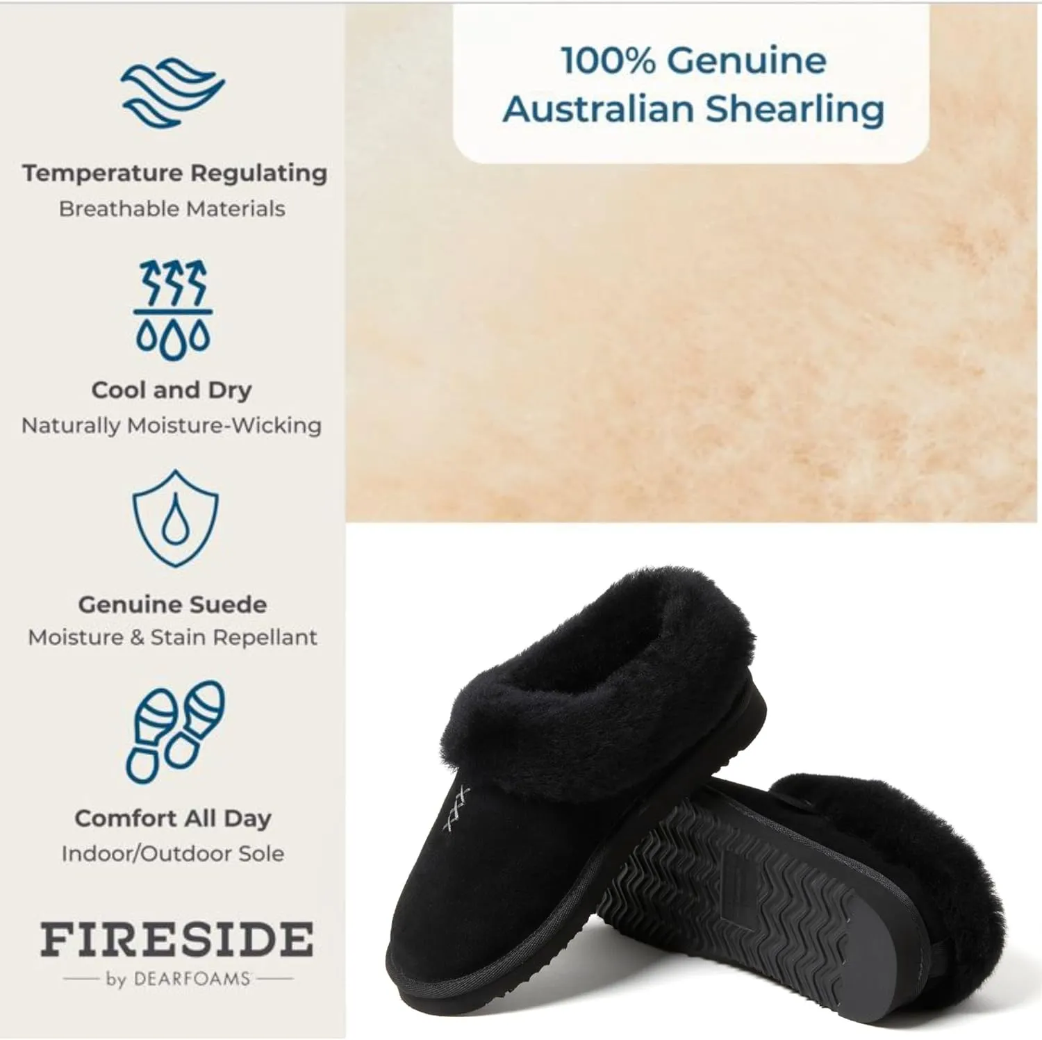 Dearfoams Fireside Adelaide Genuine Shearling Soft Comfy Memory Foam Plush Indoor House Shoe Clog Slipper