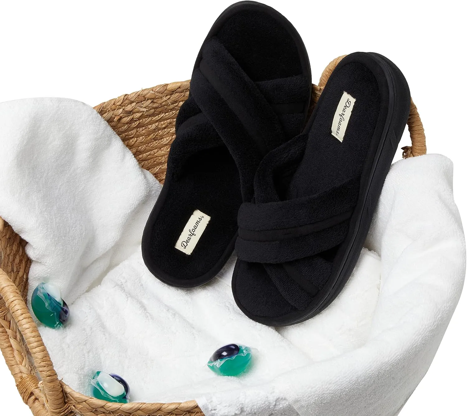 Dearfoams Men's Caden Terry Crossband Slide Slipper