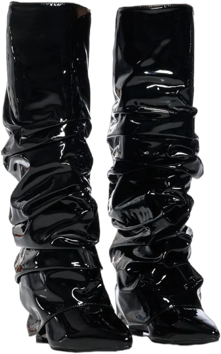 DETOGNI Women's Black Patent Wedge High Heel Boots Pointed Toe Slip-On Fit Ruched Wrinkles Booties