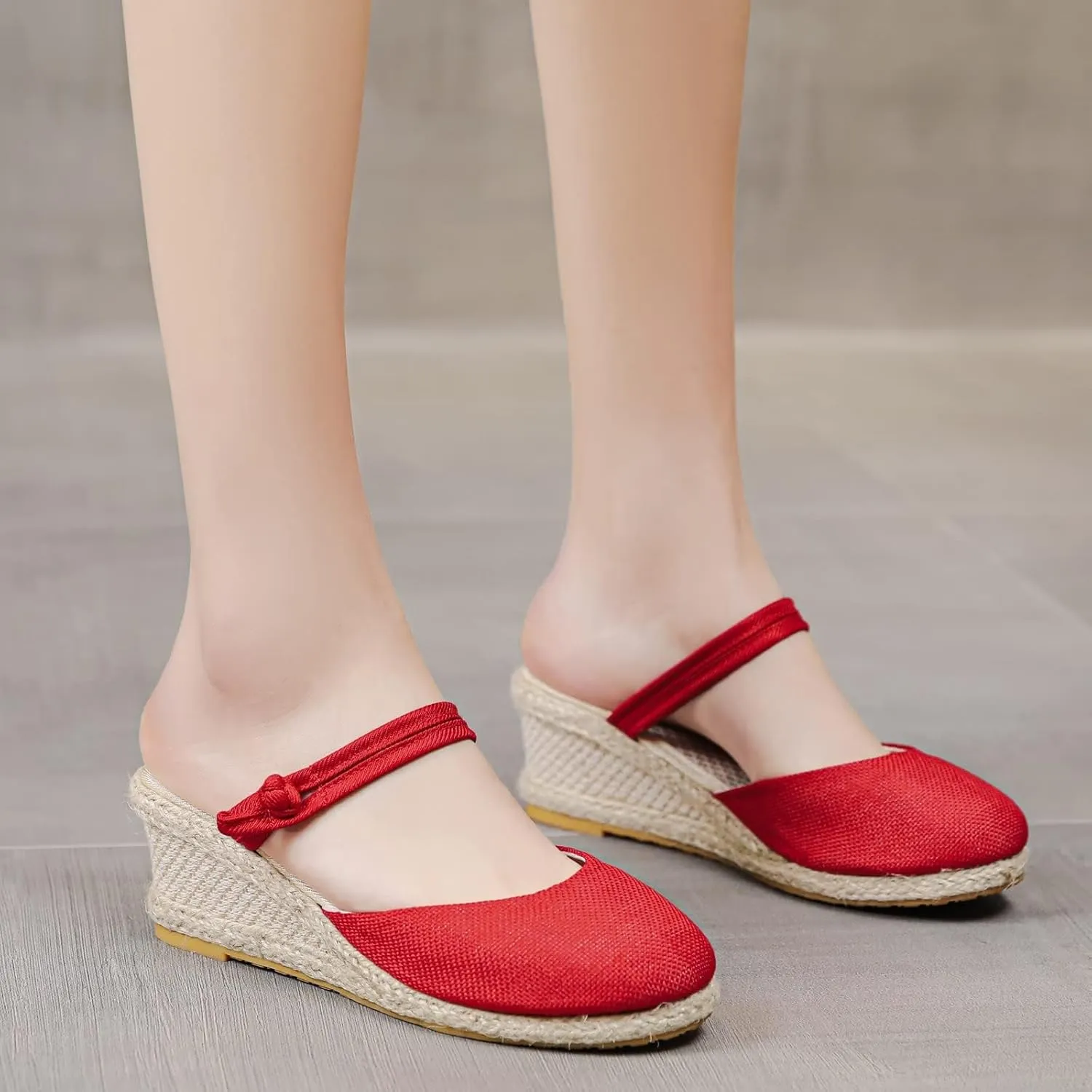 Dheva-C Women's Ankle Strap Closed Toe Espadrille Wedge Heels Sandals Retro Casual Buckle Strap Ladies Platform Summer Shoes (Red-c, 6.5-7)
