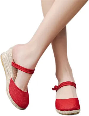 Dheva-C Women's Ankle Strap Closed Toe Espadrille Wedge Heels Sandals Retro Casual Buckle Strap Ladies Platform Summer Shoes (Red-c, 6.5-7)