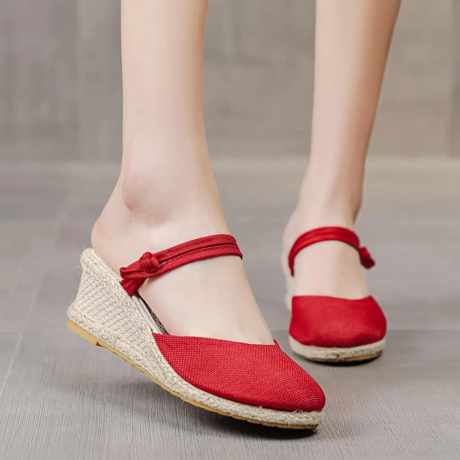Dheva-C Women's Ankle Strap Closed Toe Espadrille Wedge Heels Sandals Retro Casual Buckle Strap Ladies Platform Summer Shoes (Red-c, 6.5-7)