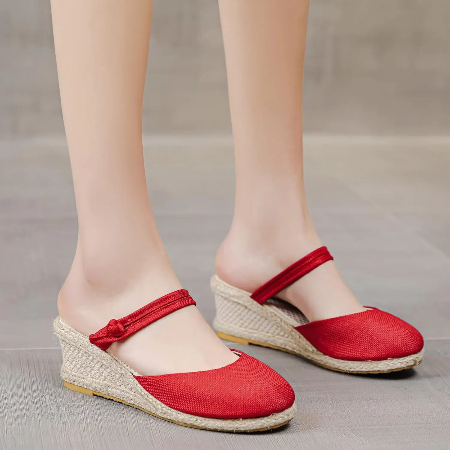 Dheva-C Women's Ankle Strap Closed Toe Espadrille Wedge Heels Sandals Retro Casual Buckle Strap Ladies Platform Summer Shoes (Red-c, 6.5-7)