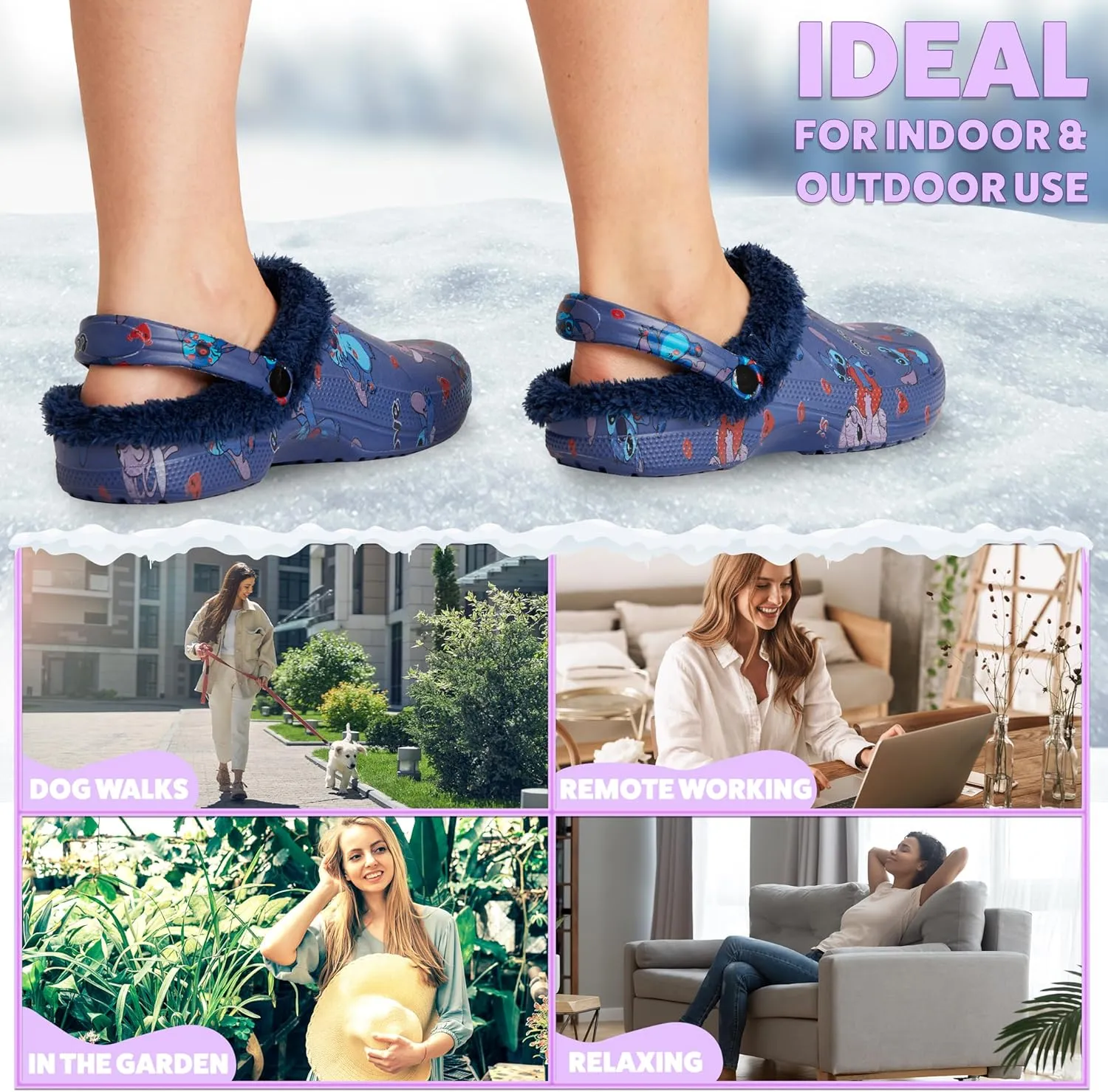 Disney Stitch Clogs for Women Winter Fleece Lining Warm Slip On Sandals Outdoor Garden Shoes with Strap Gifts for Women