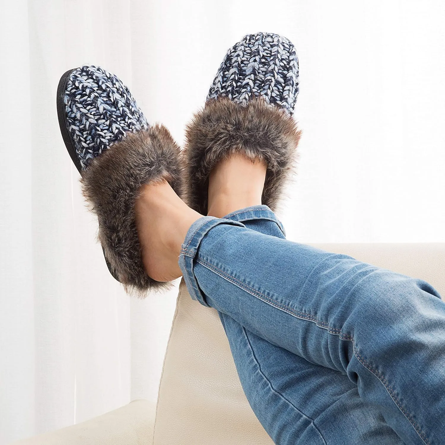 DL Womens House Slippers Memory Foam, Fluffy Slip on Womens Bedroom Slippers Fuzzy Collar, Warm Soft Indoor Knit Slippers for Women Non-Slip