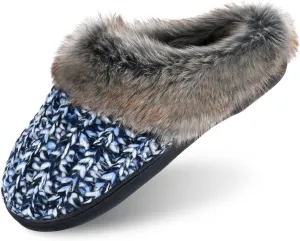 DL Womens House Slippers Memory Foam, Fluffy Slip on Womens Bedroom Slippers Fuzzy Collar, Warm Soft Indoor Knit Slippers for Women Non-Slip