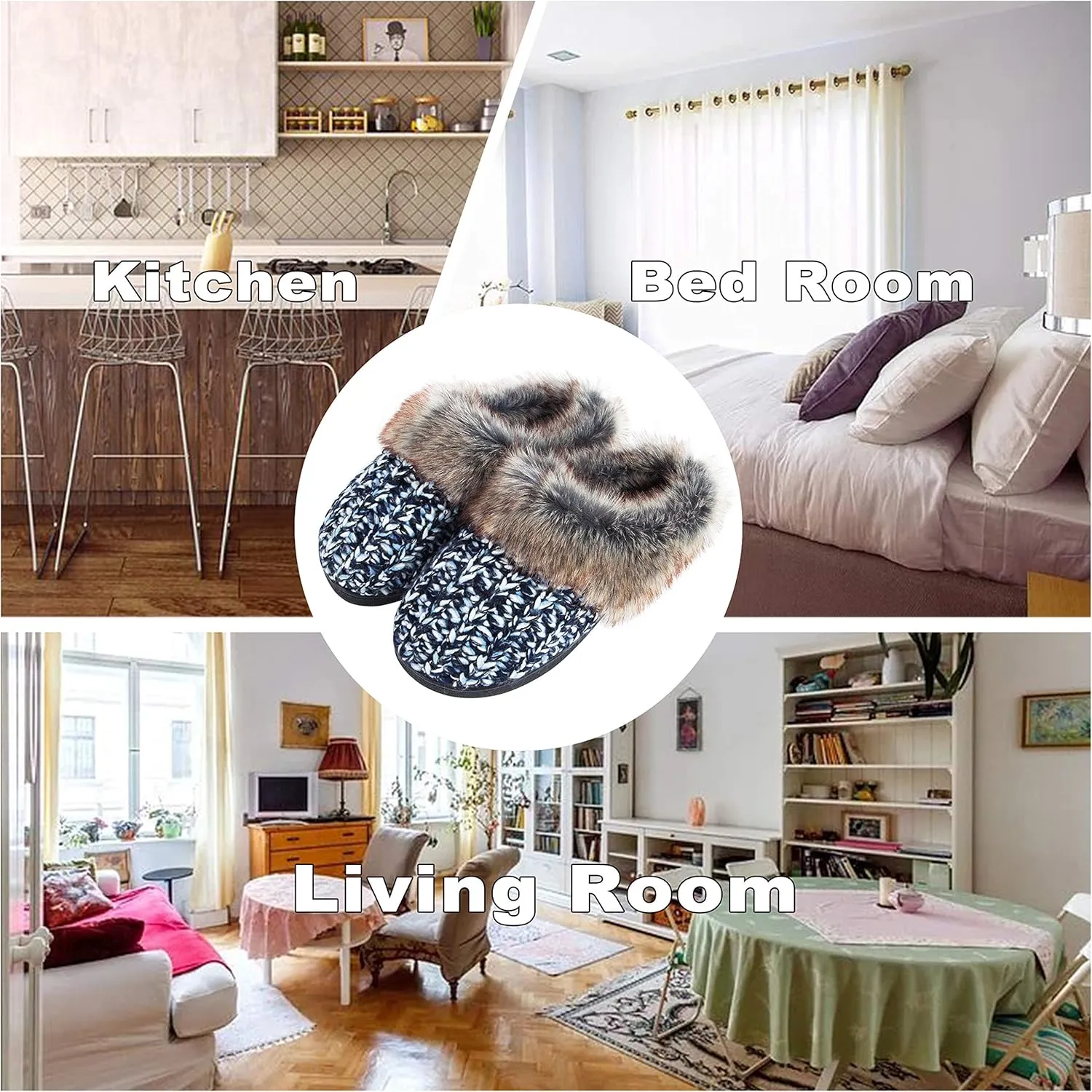 DL Womens House Slippers Memory Foam, Fluffy Slip on Womens Bedroom Slippers Fuzzy Collar, Warm Soft Indoor Knit Slippers for Women Non-Slip