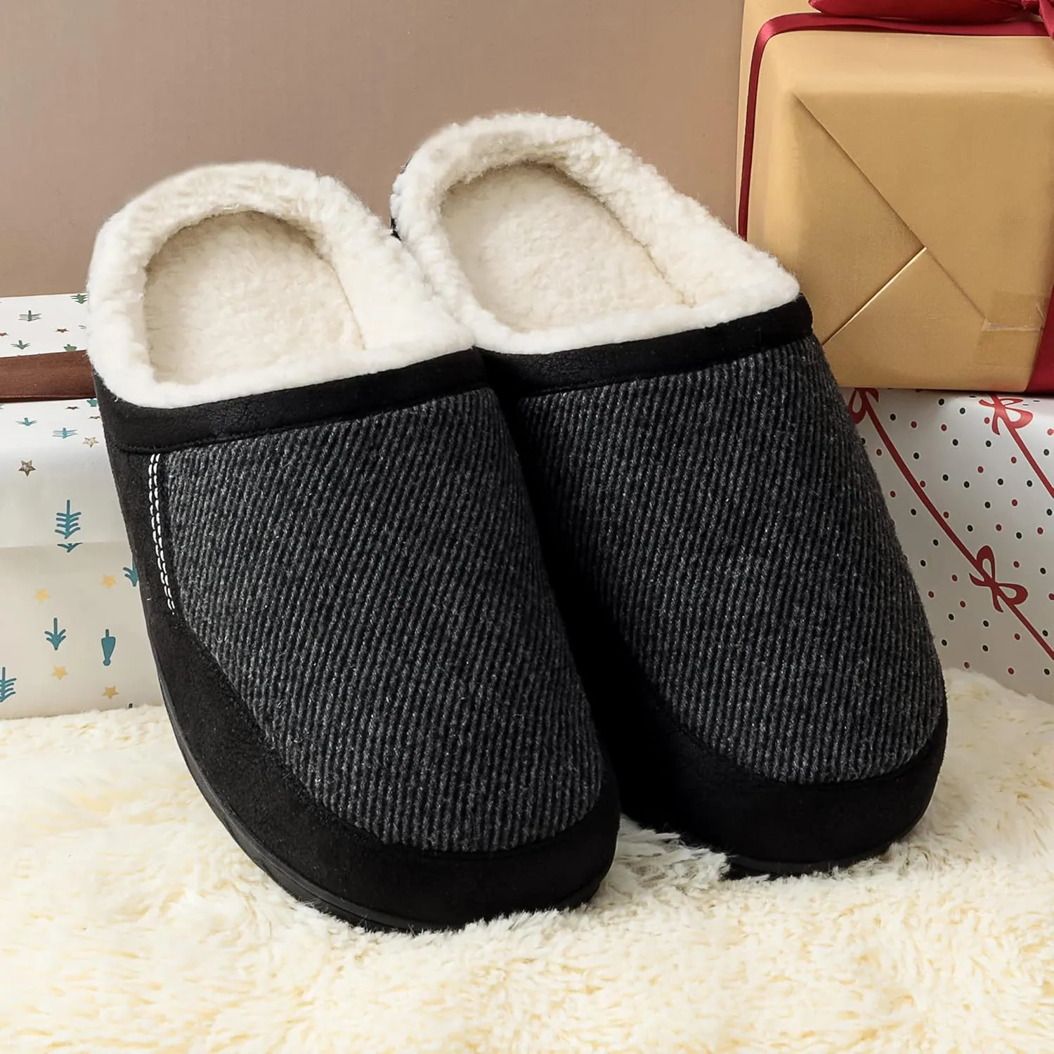 DREAM PAIRS Men's Cozy Memory Foam Slippers with Fuzzy Wool-Like Lining, Slip-on Washable Indoor Outdoor House Shoes