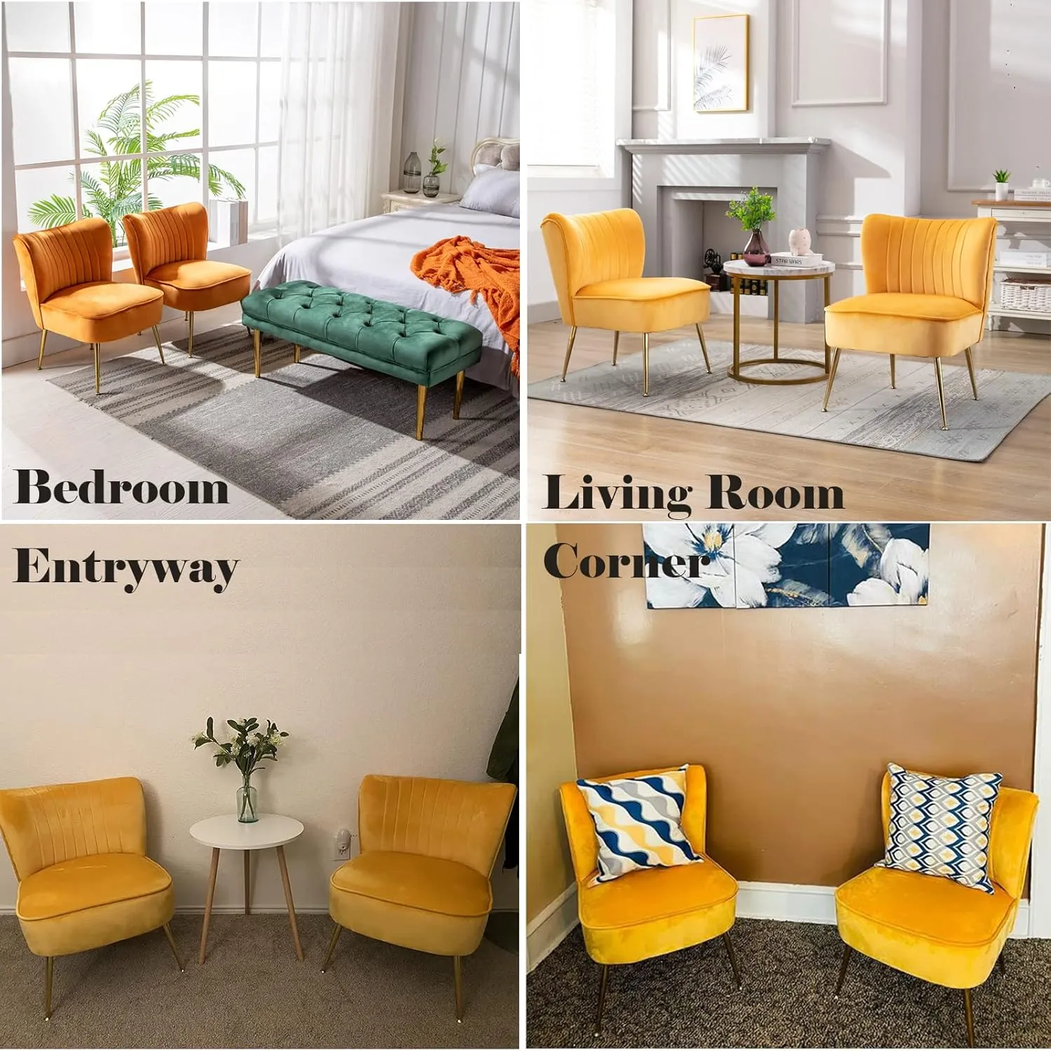 DUOMAY Modern Accent Chair Set of 2 Velvet Slipper Chair with Gold Legs Wingback Side Chair for Living Room Bedroom Entryway Small Corner Chair for Space Saving, Yellow