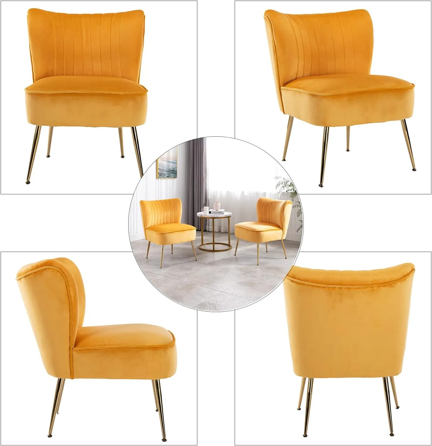 DUOMAY Modern Accent Chair Set of 2 Velvet Slipper Chair with Gold Legs Wingback Side Chair for Living Room Bedroom Entryway Small Corner Chair for Space Saving, Yellow