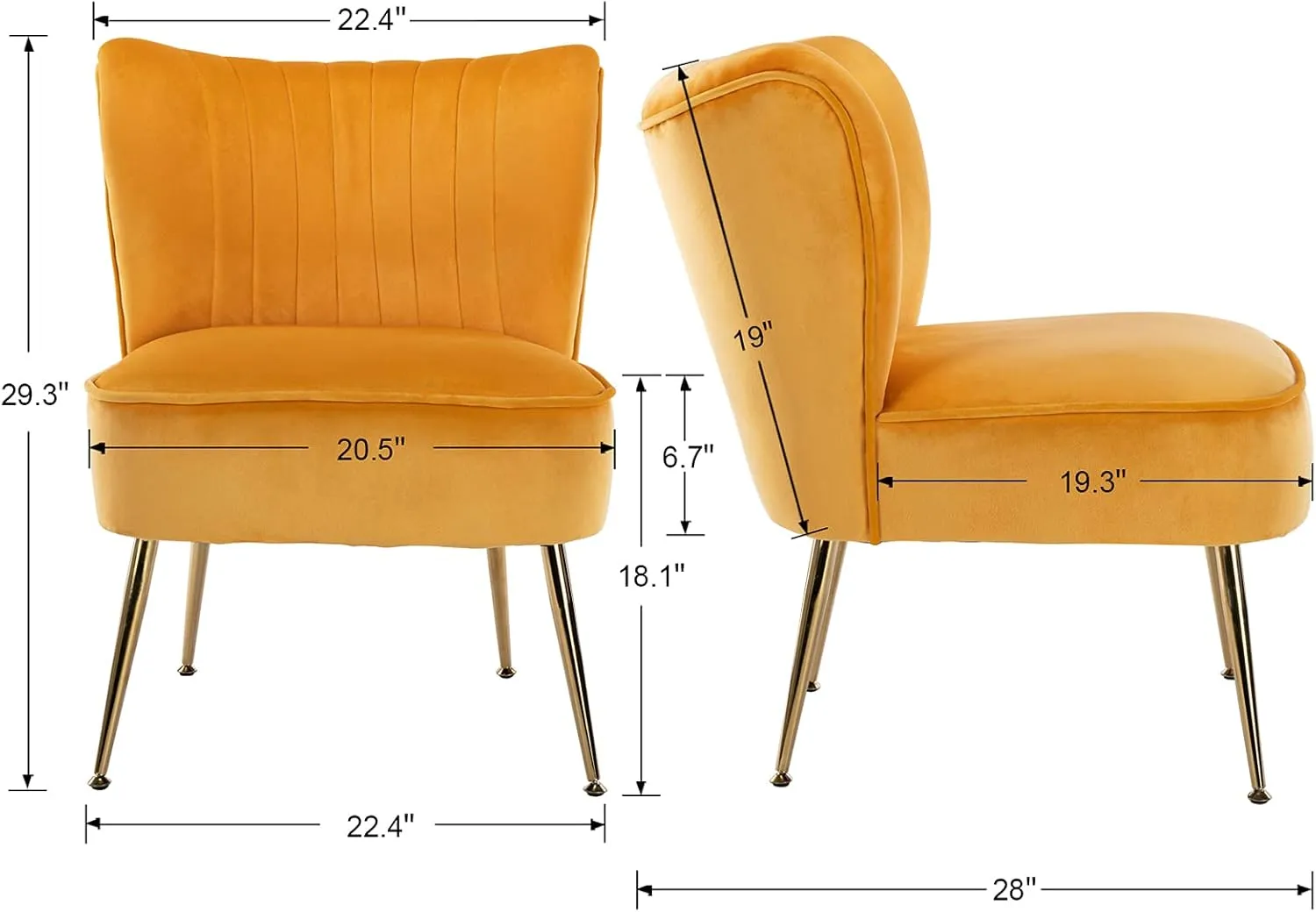 DUOMAY Modern Accent Chair Set of 2 Velvet Slipper Chair with Gold Legs Wingback Side Chair for Living Room Bedroom Entryway Small Corner Chair for Space Saving, Yellow