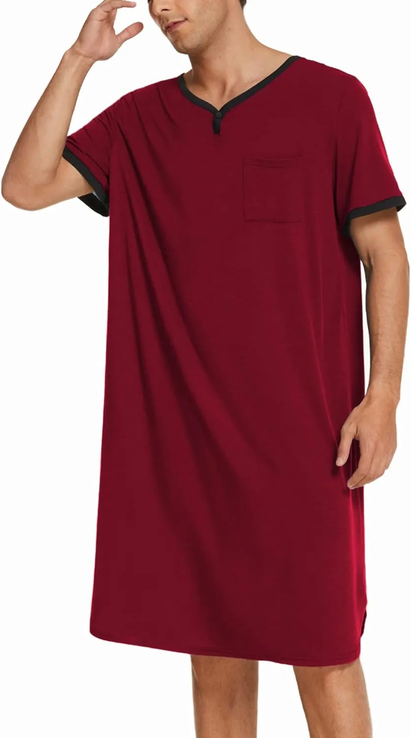 Ekouaer Men's Nightshirt Nightwear Comfy Big&Tall Short Sleeve Henley Sleep Shirt