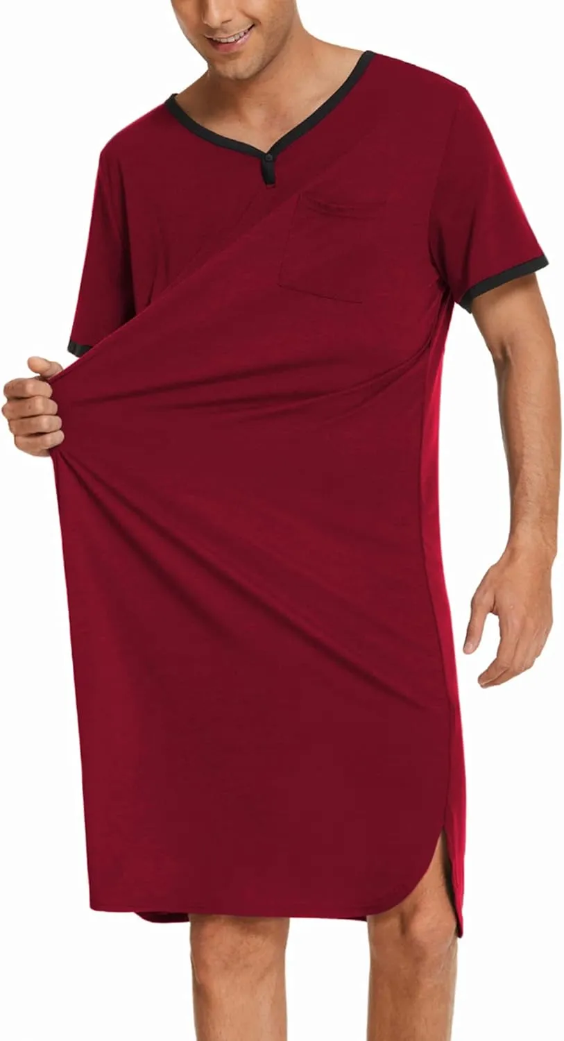 Ekouaer Men's Nightshirt Nightwear Comfy Big&Tall Short Sleeve Henley Sleep Shirt