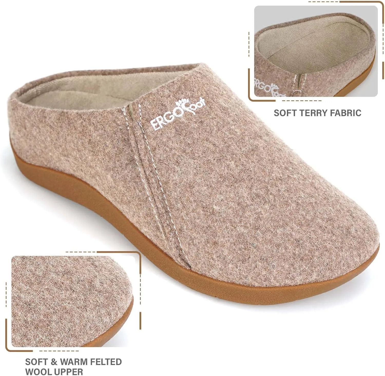 ERGOfoot House Slippers With Arch Support, Orthopedic Slipper for Plantar Fasciitis Pain Relief, Comfy Wool Felt Clog Shoes for Women and Men with Non-Slip Indoor Outdoor
