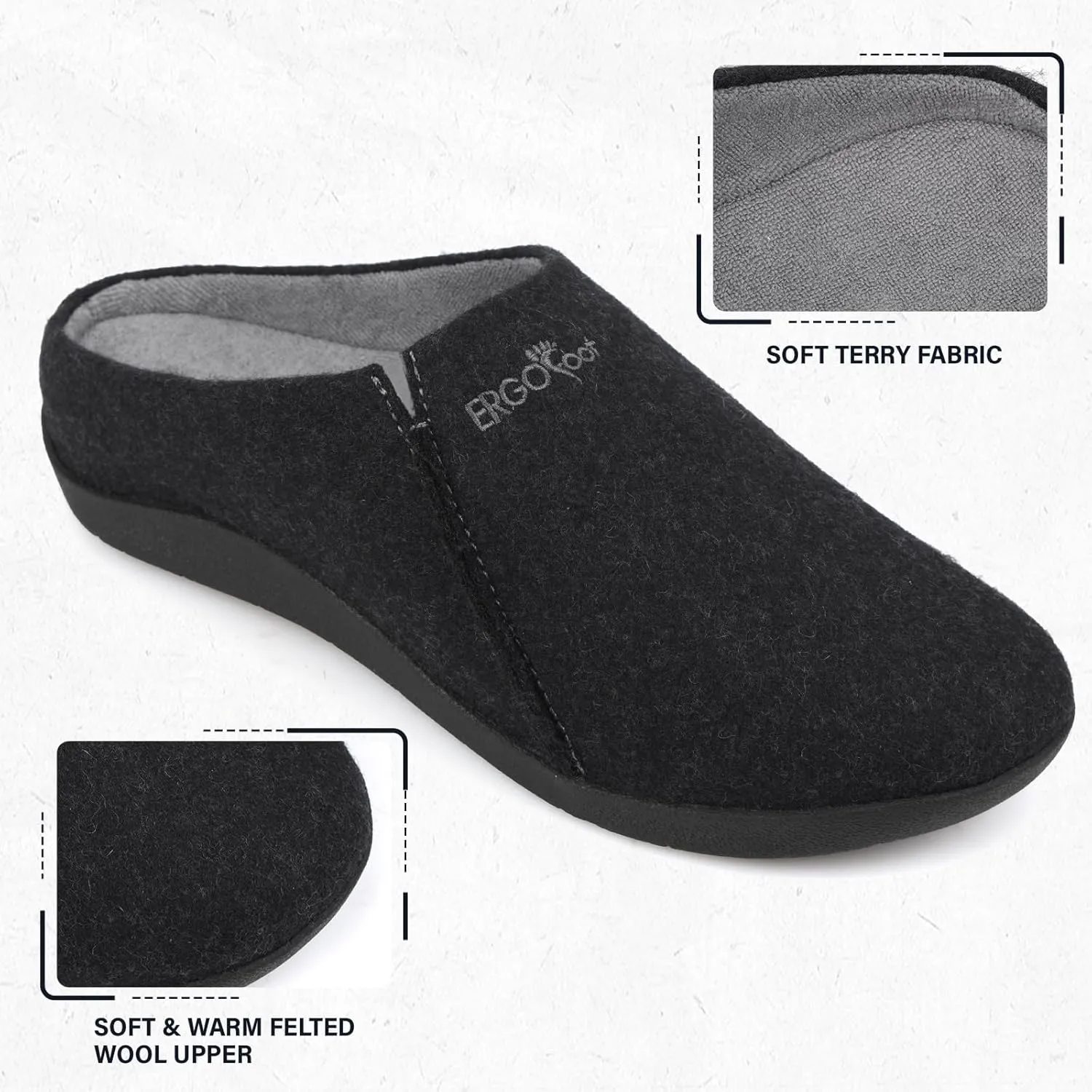 ERGOfoot House Slippers With Arch Support, Orthopedic Slipper for Plantar Fasciitis Pain Relief, Comfy Wool Felt Clog Shoes for Women and Men with Non-Slip Indoor Outdoor