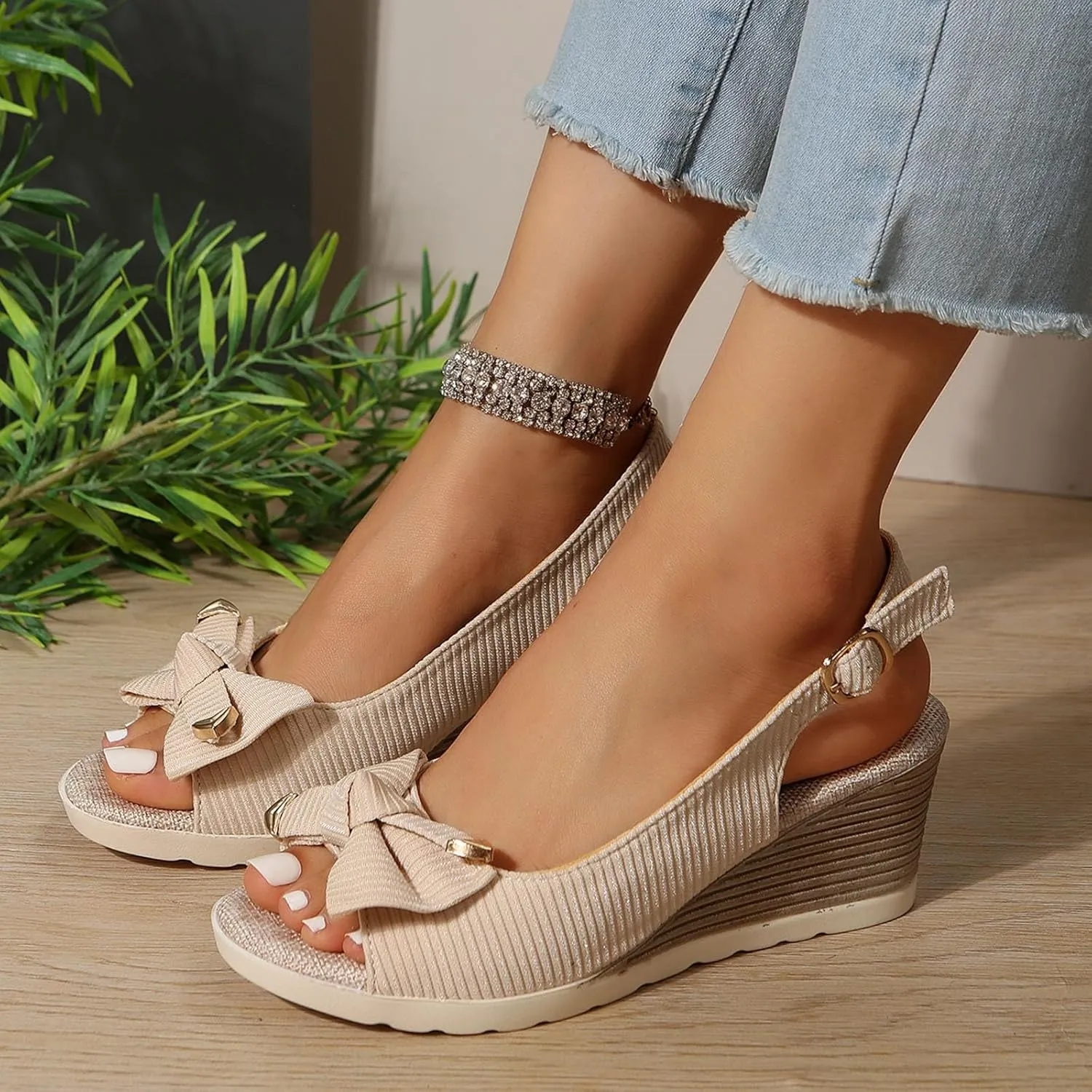 Espadrilles Wedge Sandals For Women, Women's Open Toe Platform Wedges Heels Summer Dressy Shoes Comfortable Ankle Strap Low Heel Canvas Bow Dress Sandals Casual Dress Retro Lightweight