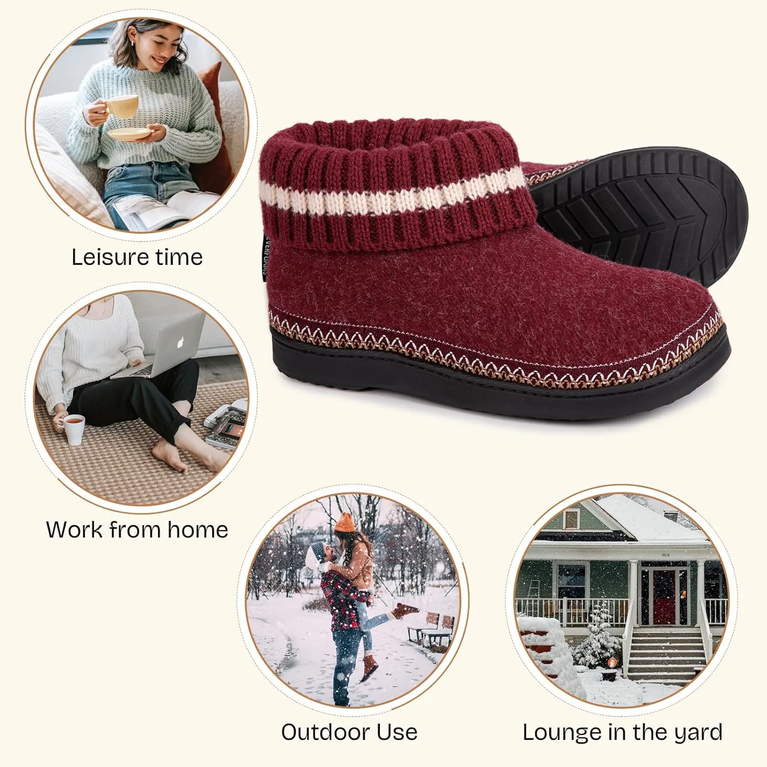 EverFoams Women's Bootie Slippers Non-slip Comfy Winter Indoor House Shoes with Knitted Collar