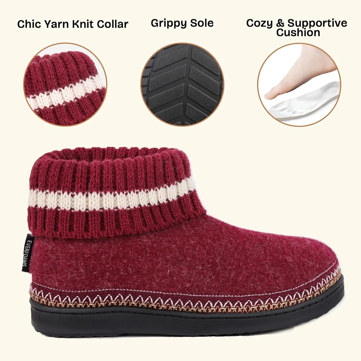 EverFoams Women's Bootie Slippers Non-slip Comfy Winter Indoor House Shoes with Knitted Collar