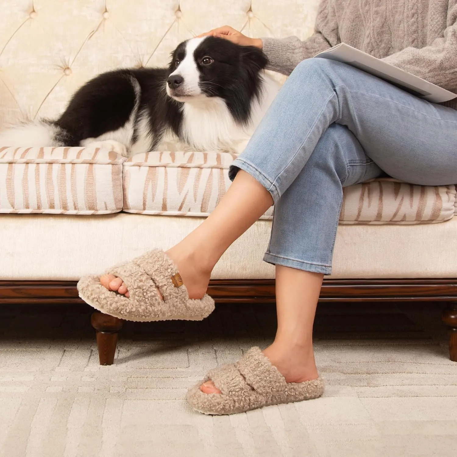 EverFoams Womens Fuzzy Open-toe Slippers Soft Comfy Memory Foam Indoor House Shoes