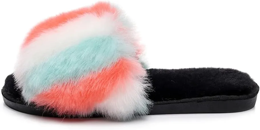 FAYUEKEY Furry Slippers for Women Rainbow Sexy Fuzzy Slippers Memory Foam Fluffy Open Toe Indoor Outdoor Shoes
