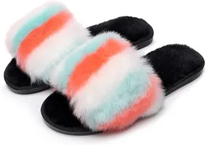 FAYUEKEY Furry Slippers for Women Rainbow Sexy Fuzzy Slippers Memory Foam Fluffy Open Toe Indoor Outdoor Shoes