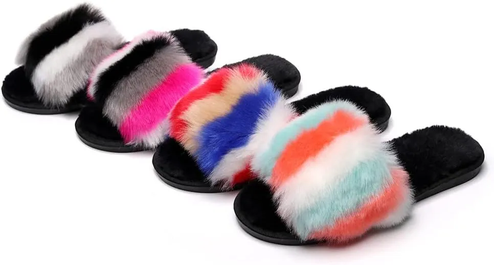FAYUEKEY Furry Slippers for Women Rainbow Sexy Fuzzy Slippers Memory Foam Fluffy Open Toe Indoor Outdoor Shoes