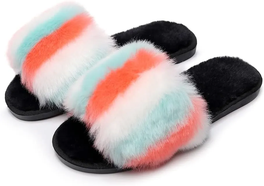 FAYUEKEY Furry Slippers for Women Rainbow Sexy Fuzzy Slippers Memory Foam Fluffy Open Toe Indoor Outdoor Shoes