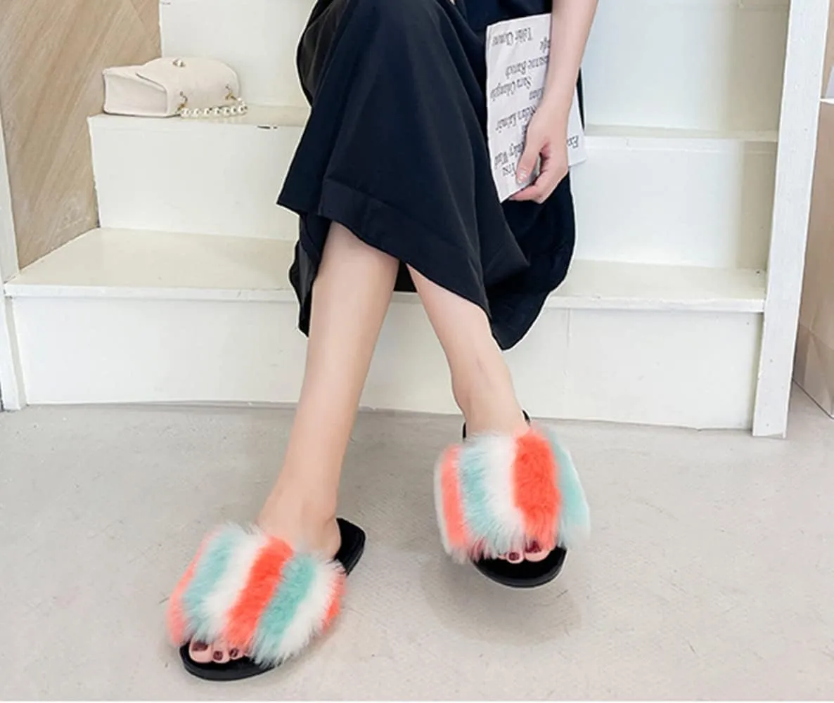 FAYUEKEY Furry Slippers for Women Rainbow Sexy Fuzzy Slippers Memory Foam Fluffy Open Toe Indoor Outdoor Shoes
