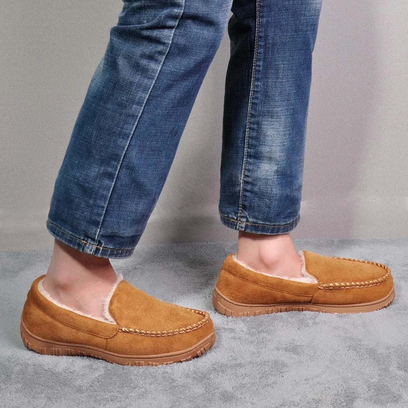 festooning Mens Slippers House Shoes with Memory Foam Moccasin Slipper for Men with Non-Slip Rubber Sole Indoor Outdoor