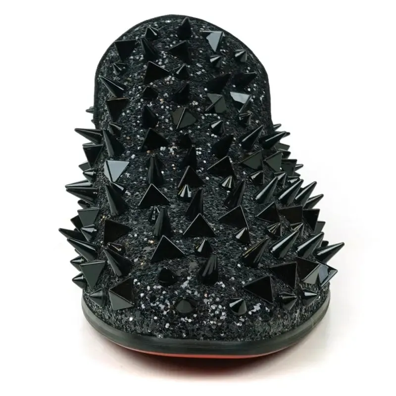 Fiesso FI-7517 Black Glitter Black Spikes Slip on Loafers