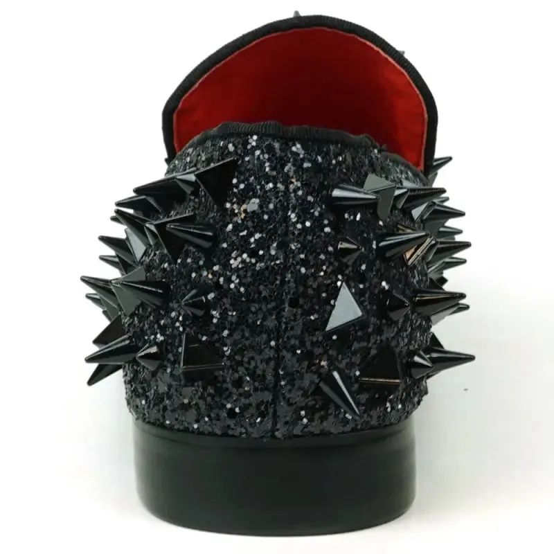 Fiesso FI-7517 Black Glitter Black Spikes Slip on Loafers