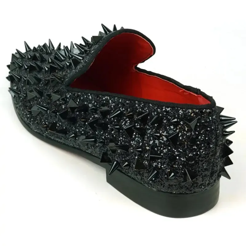 Fiesso FI-7517 Black Glitter Black Spikes Slip on Loafers